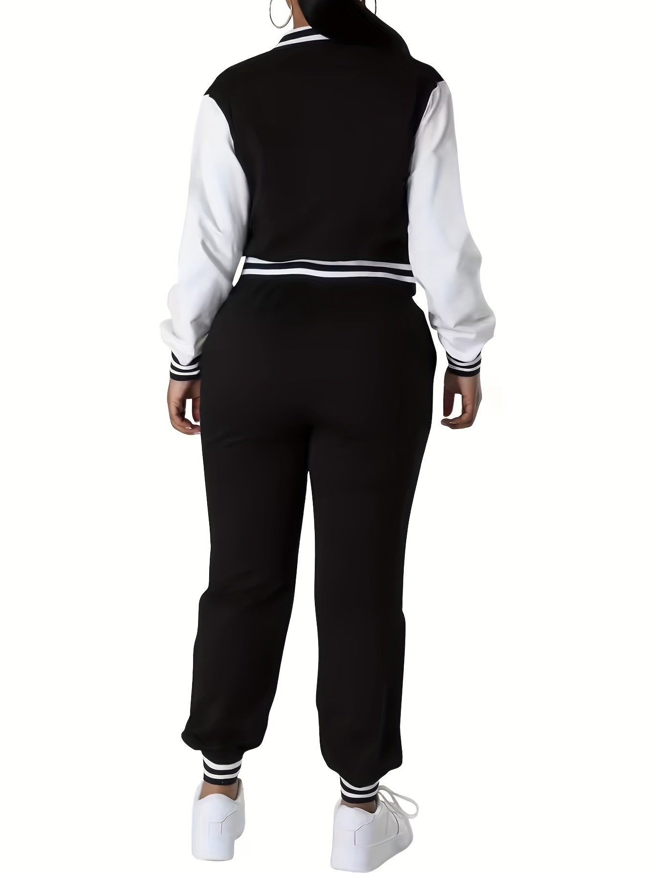 Women's 2pcs Sweatshirt and Sweatpants Set, Two-piece Sportswear, Single Row Baseball Jacket